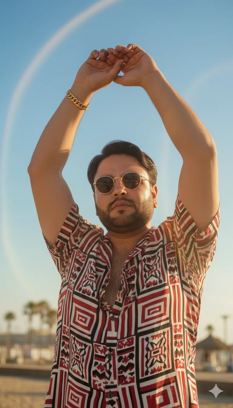 AI Prompt 456 A cinematic fashion editorial shot of a stylish man under a clear blue sky