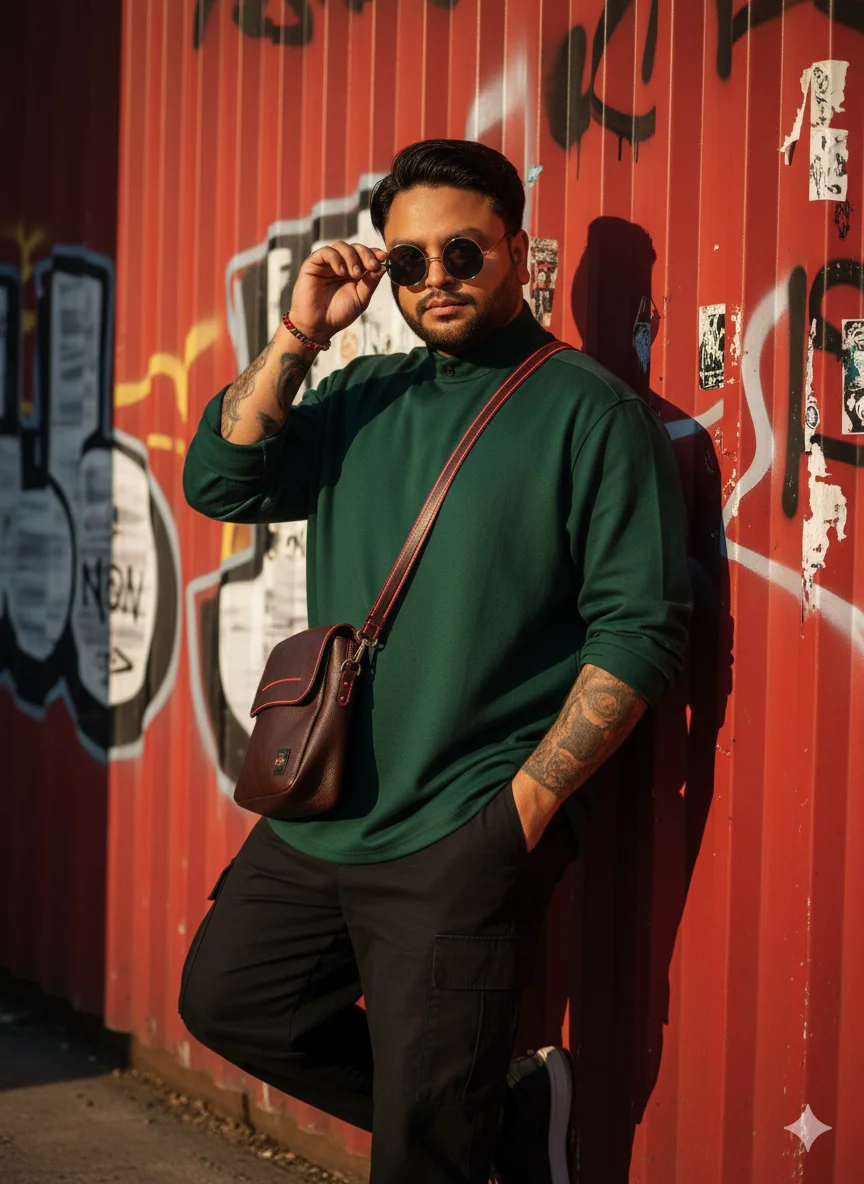 Rana Zeeshan Ahmad Founder & CEO For ITWORLD's AI Prompt 46 Cool style leaning casually against a sun-kissed red industrial wall