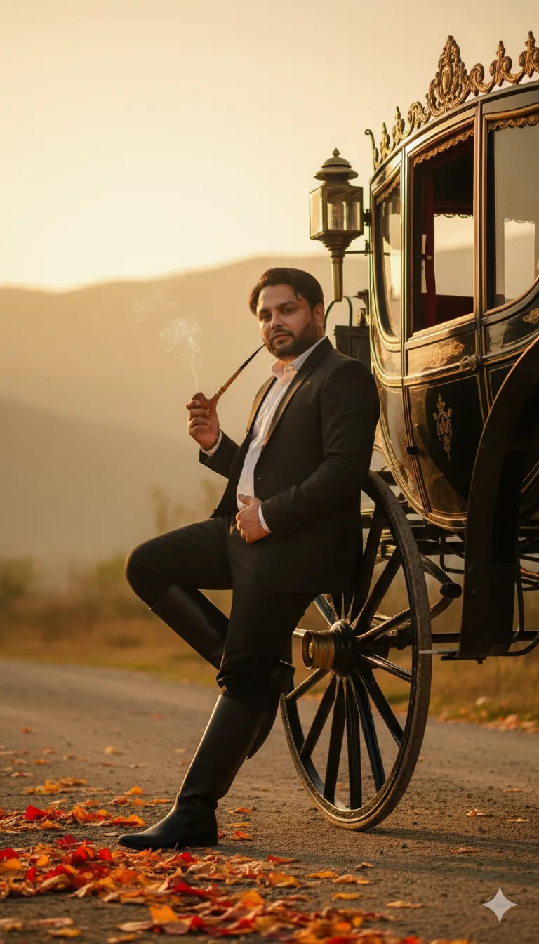 AI Prompt 461 One knee bent, he smokes a long-stemmed day pipe