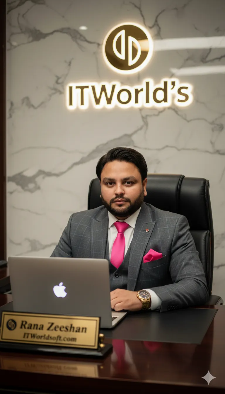 AI Prompt 466 ITWorld's luxurious moderrn office, wearing a grey checkered