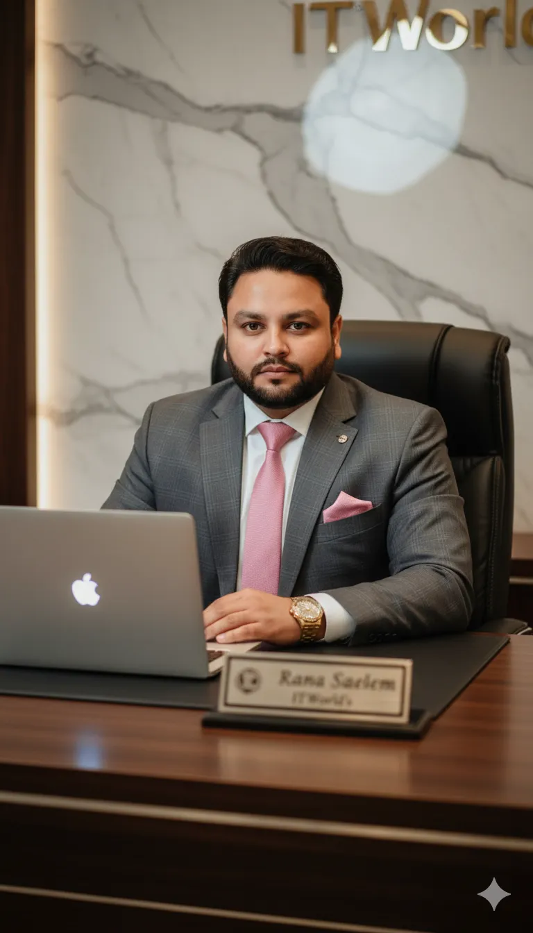 AI Prompt 467 A 35-year-old stylish young man stands confidently in front of a massive