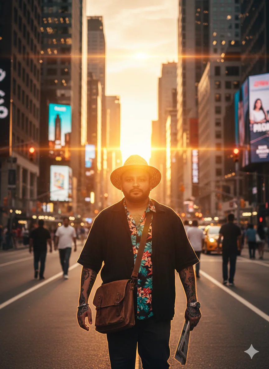 AI Prompt 47 walking confidently in the middle of a bustling city during golden hour.