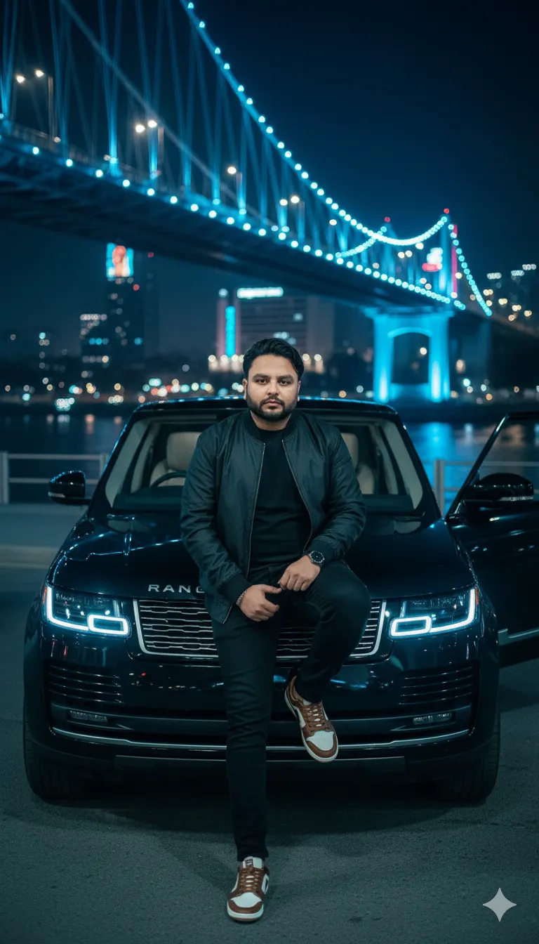 AI Prompt 471 possibly in his mid 20s, sitting on the hood of a sleek black Range Rover