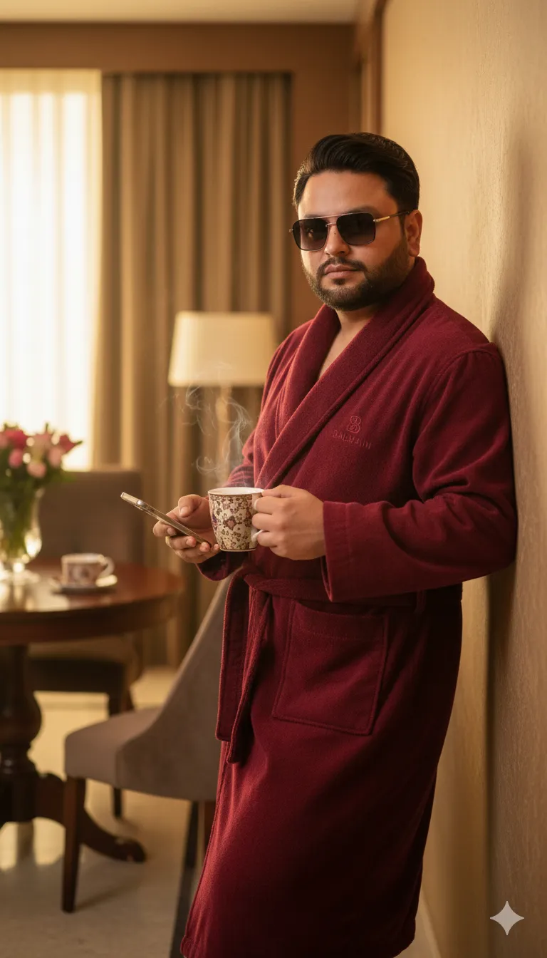 AI Prompt 473 leaning casually against a wall. He radiates effortless