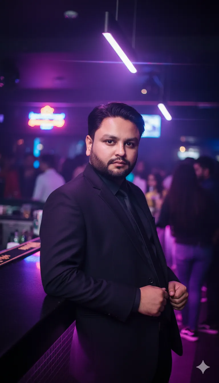 AI Prompt 474 in his early 20s, wearing an all-black suit with black shirt and slim