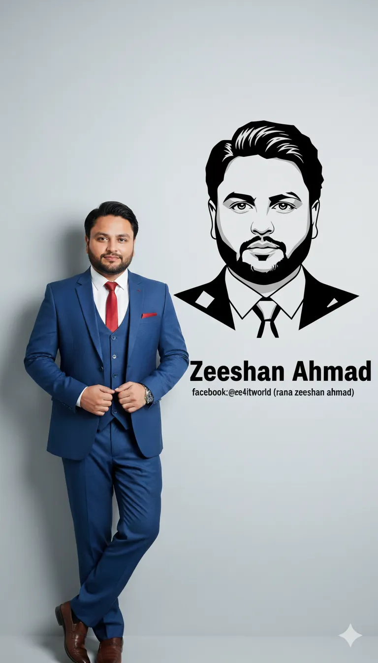 Rana Zeeshan Ahmad Founder & CEO For ITWORLD's AI Prompt 477 On the wall next to him, create a bold black-and-white stylized