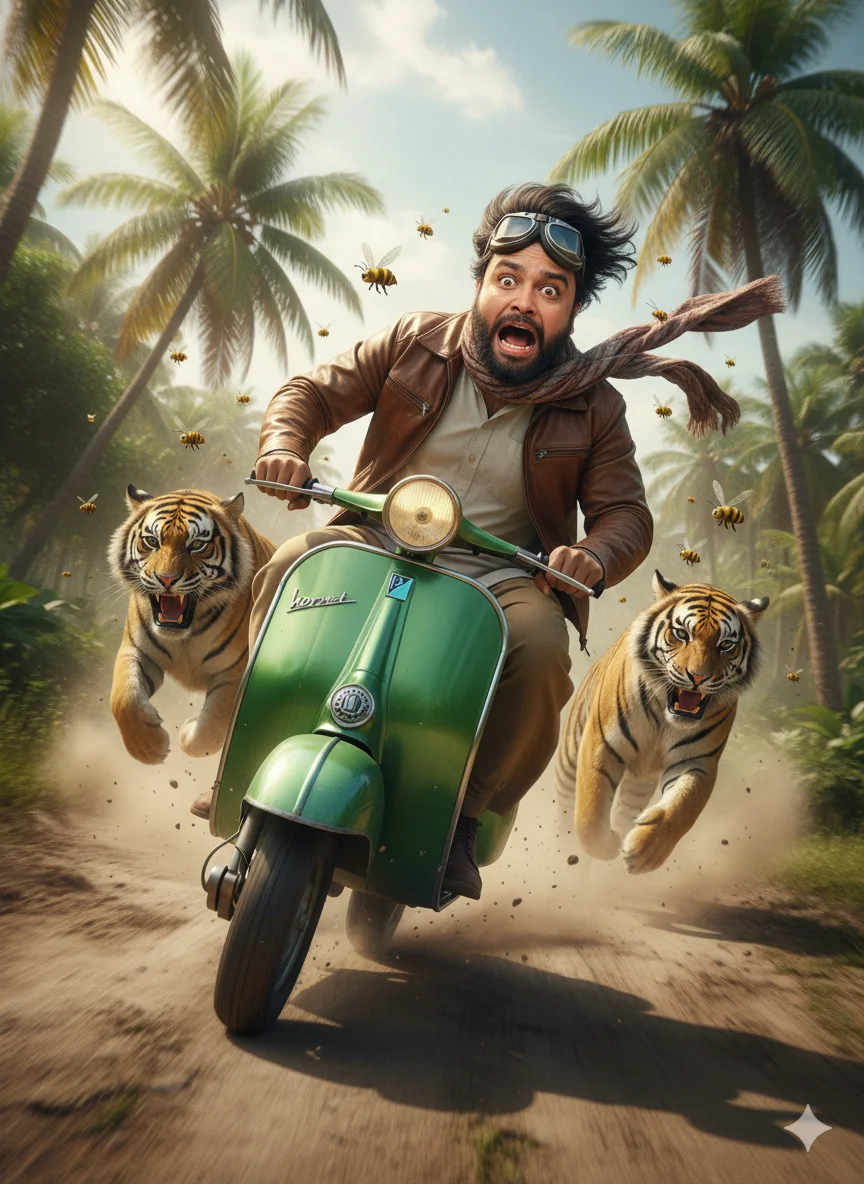 AI Prompt 48 cinematic and humorous image of a person riding