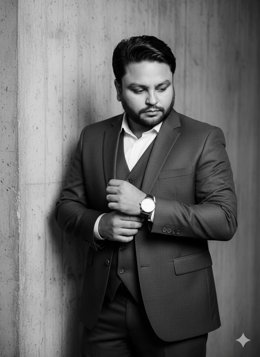 AI Prompt 53 Black-and-white photo of a man standing by a wall