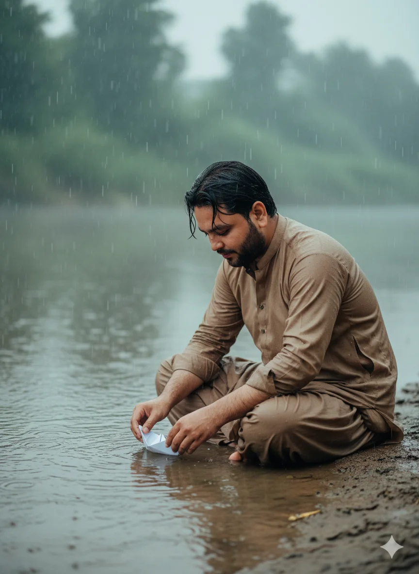 AI Prompt 55 portrait of a young man sitting by a serene riverbank in the rain