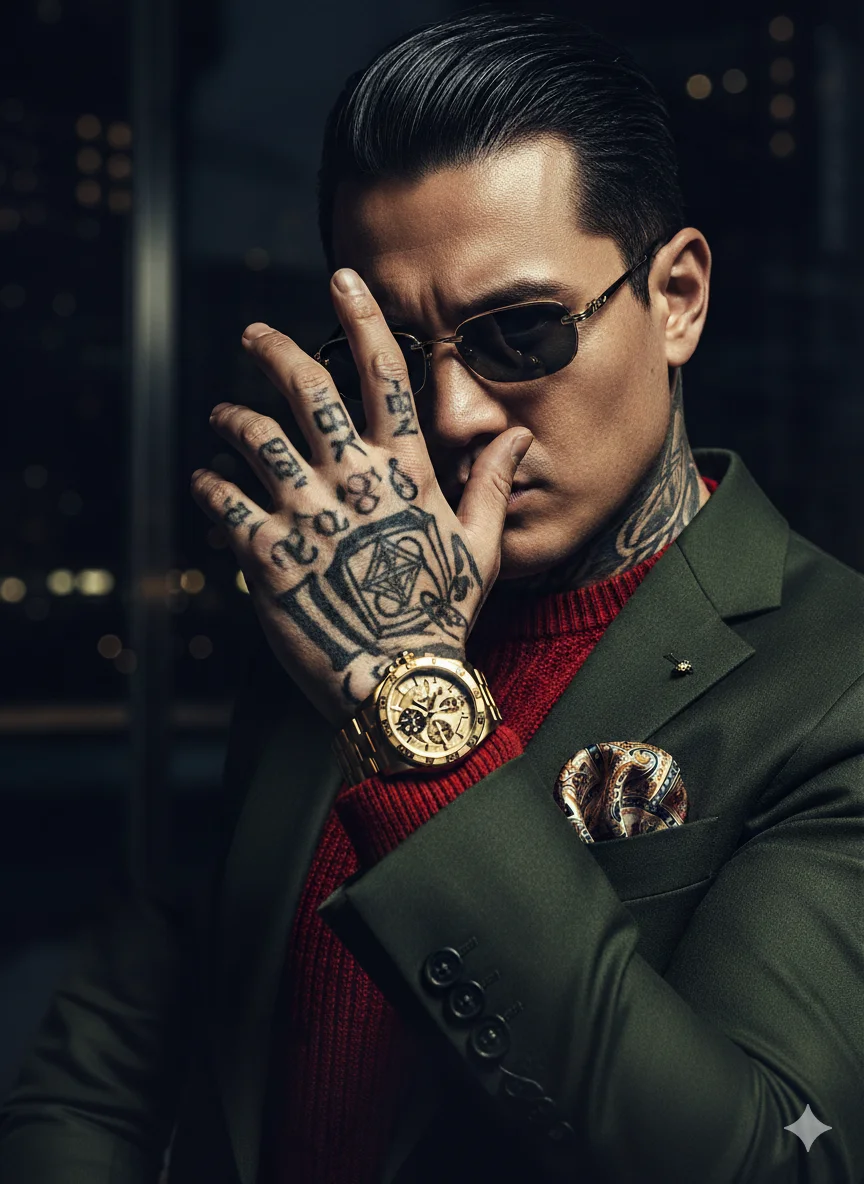 AI Prompt 60 Create a dramatic, high-fashion portrait of a stylish man with a bold, edgy attitude.