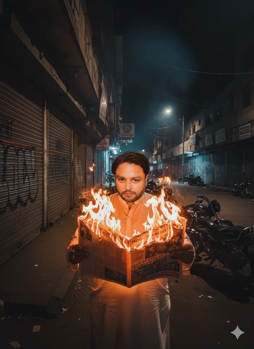 AI Prompt 67 Me stands on a dimly lit urban street in front of closed shop shutters and parked motorbikes.