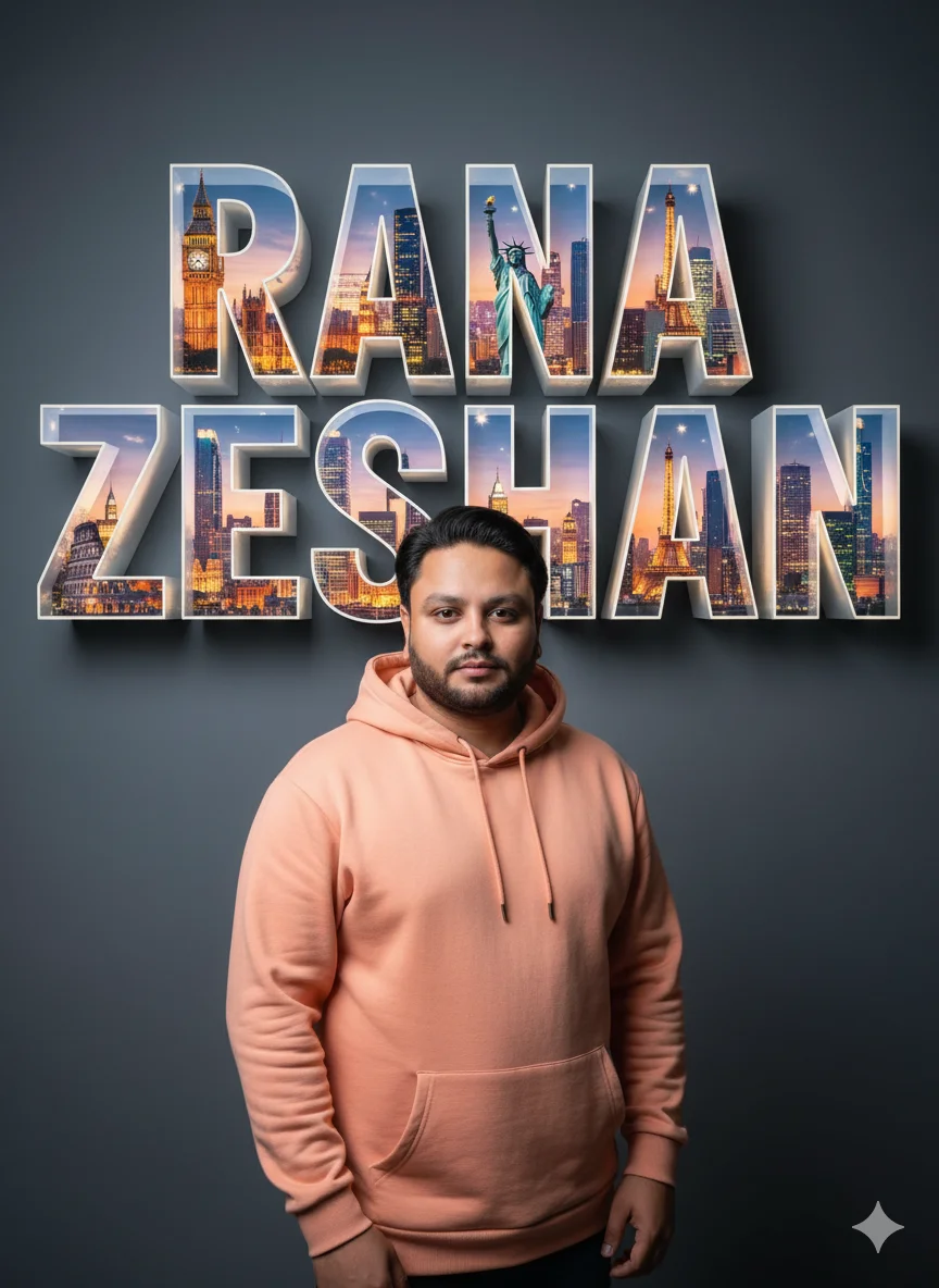 Rana Zeeshan Ahmad Founder & CEO For ITWORLD's AI Prompt 74 peach hoodie poses in front of large 3D letters spelling