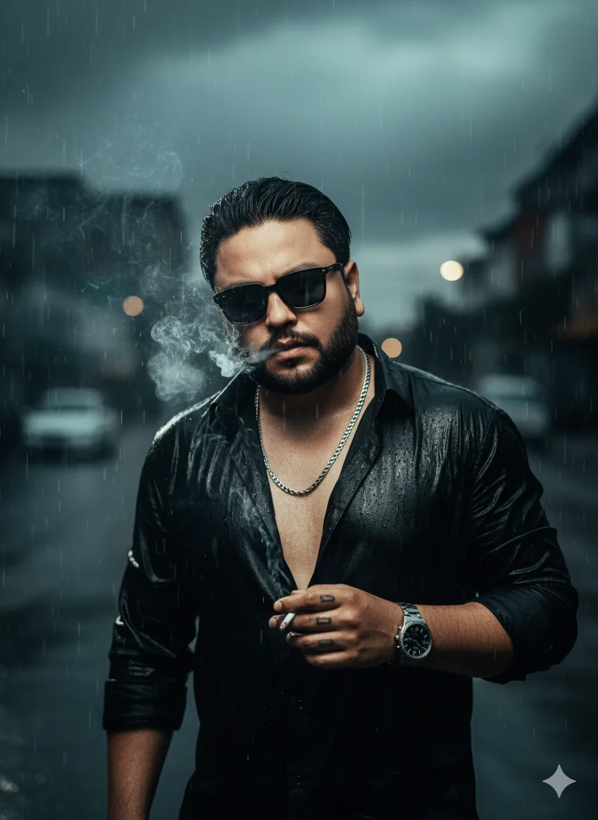 AI Prompt 76 Ultra-realistic cinematic portrait of a stylish young man standing in the rain