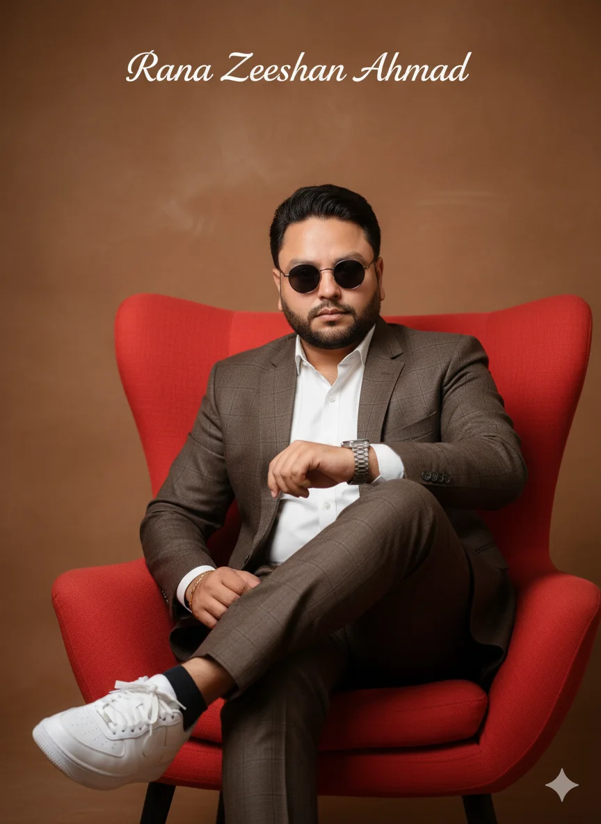 AI Prompt 78 Stylish editorial portrait of a confident Pakistani man seated on a bold red chair