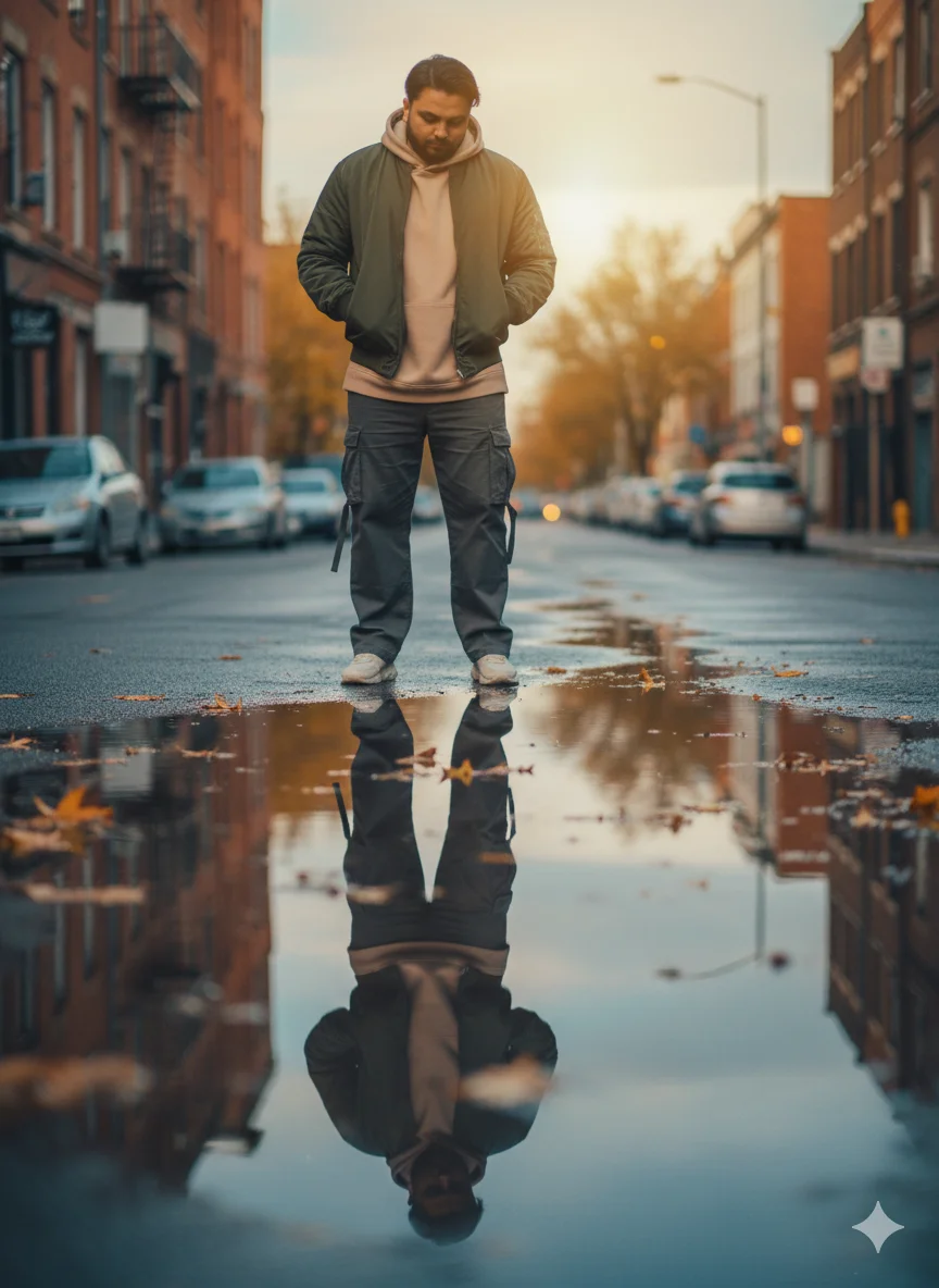 Rana Zeeshan Ahmad Founder & CEO For ITWORLD's AI Prompt 79 A cinematic portrait showing a person standing near a large puddle