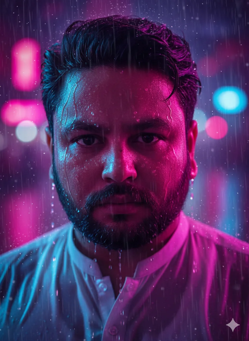 AI Prompt 80 Ultra-detailed portrait of a man under neon rain.
