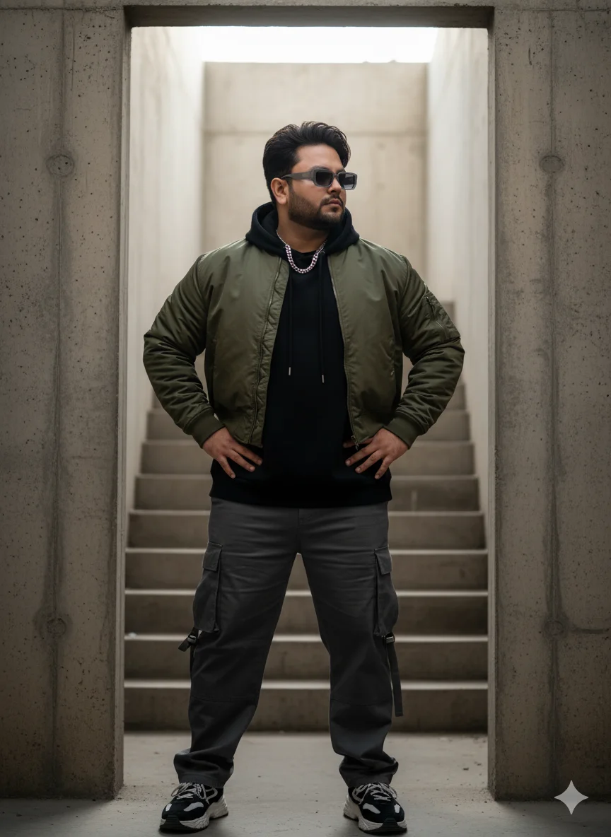 AI Prompt 81 A cinematic editorial photo of a young man standing in a raw