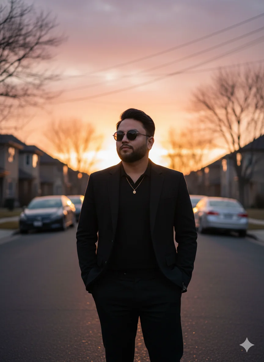 AI Prompt 85 A stylish young man standing confidently on a Street at sunset