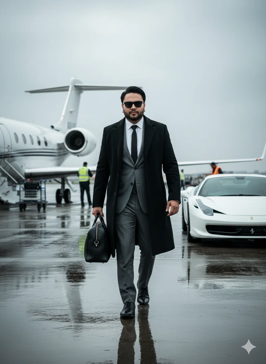 AI Prompt 86 Cinematic shot of a stylish man walking confidently on a wet airport